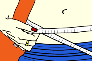  Personnage prenant sa mensuration ventrale pour suivre sa progression de perte de poids et de remise en forme. comment perdre du poids ? 